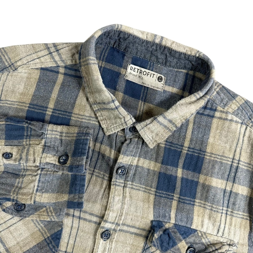 Retrofit Mens‎ Large Plaid Distressed Flannel Shirt Blue Tan Grunge